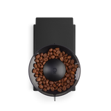 picture from the top view, of coffee beans sitting in grinder