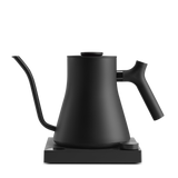 Black Fellow Stagg electric kettle on a white background, front view.
